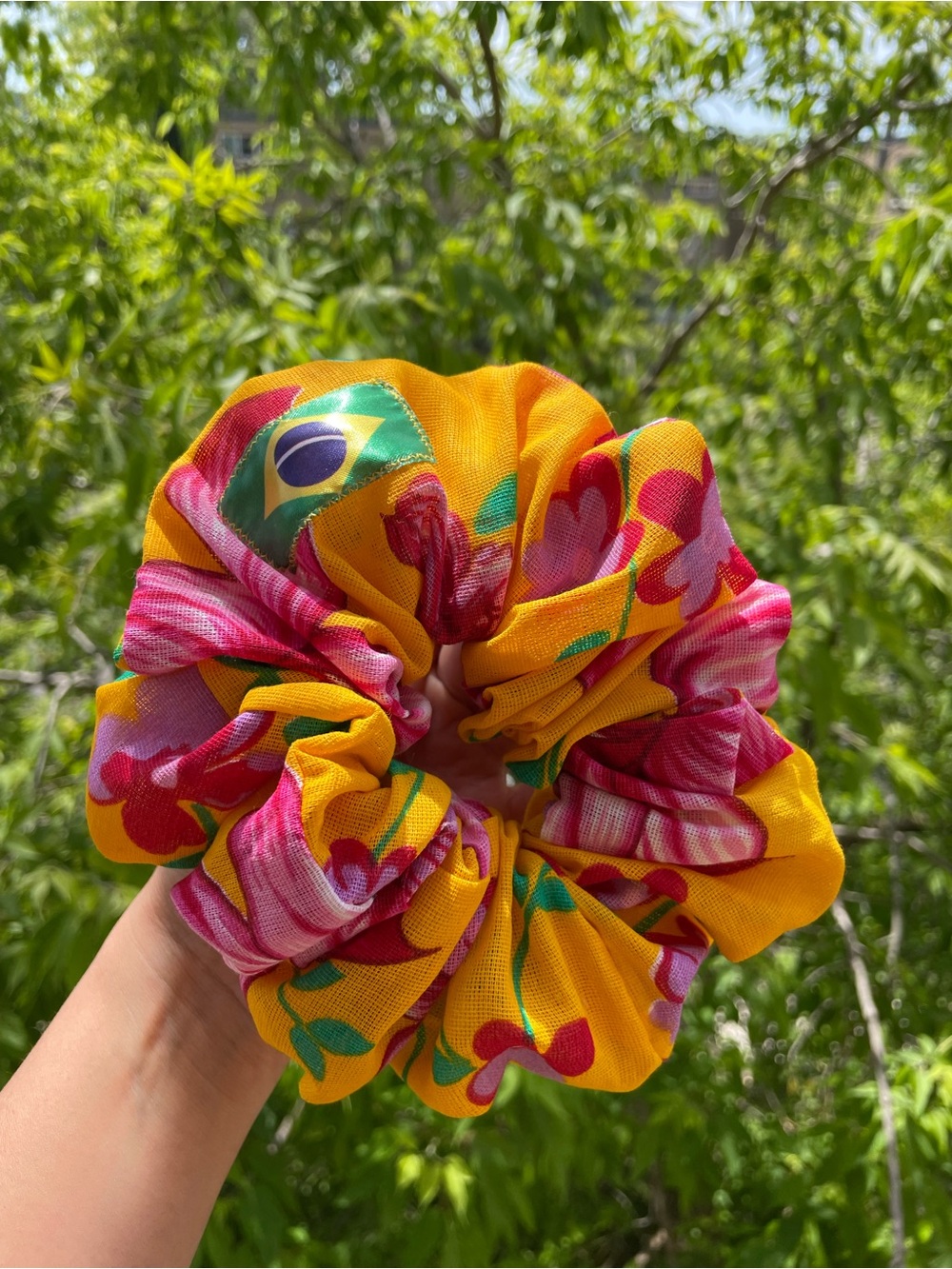 Vibrant Yellow & Pink Floral Brazil Scrunchie